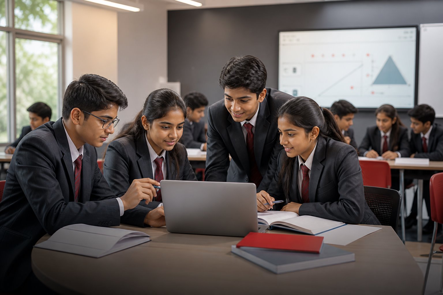 Indian high-school students collaborating around a laptop in a modern classroom