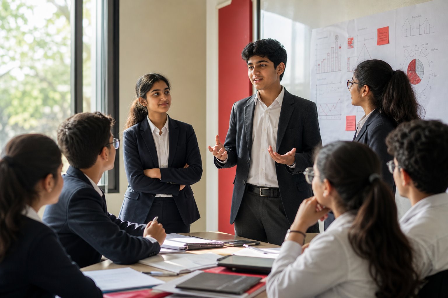 Indian high-school student presenting ideas during a collaborative group discussion
