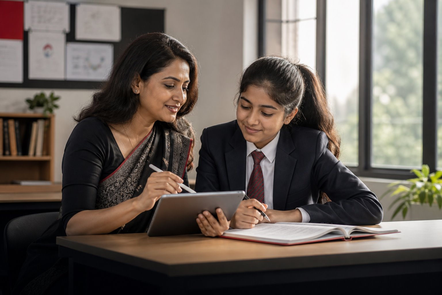 Indian teacher giving supportive progress feedback to a high-school student
